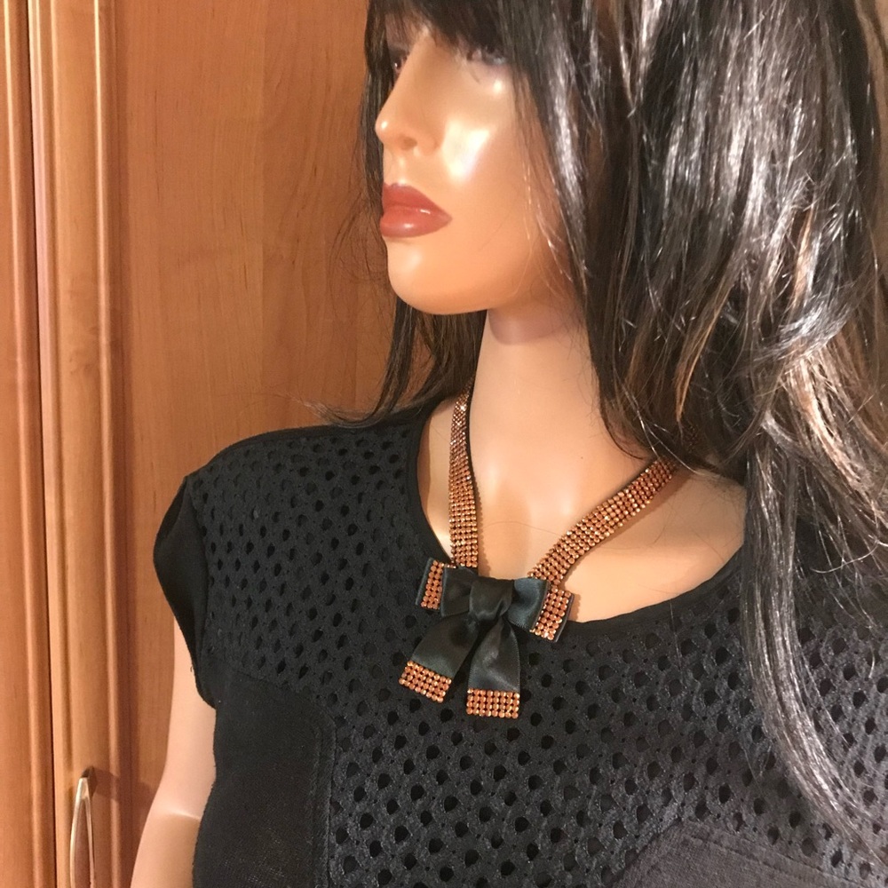 Alzerina Hand Made Black Satin Bowtie Necklace with Copper Crystals. - Picture 4 of 8